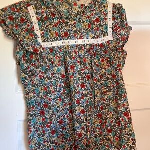 LOFT Multicolor Floral Top with Lace Trim